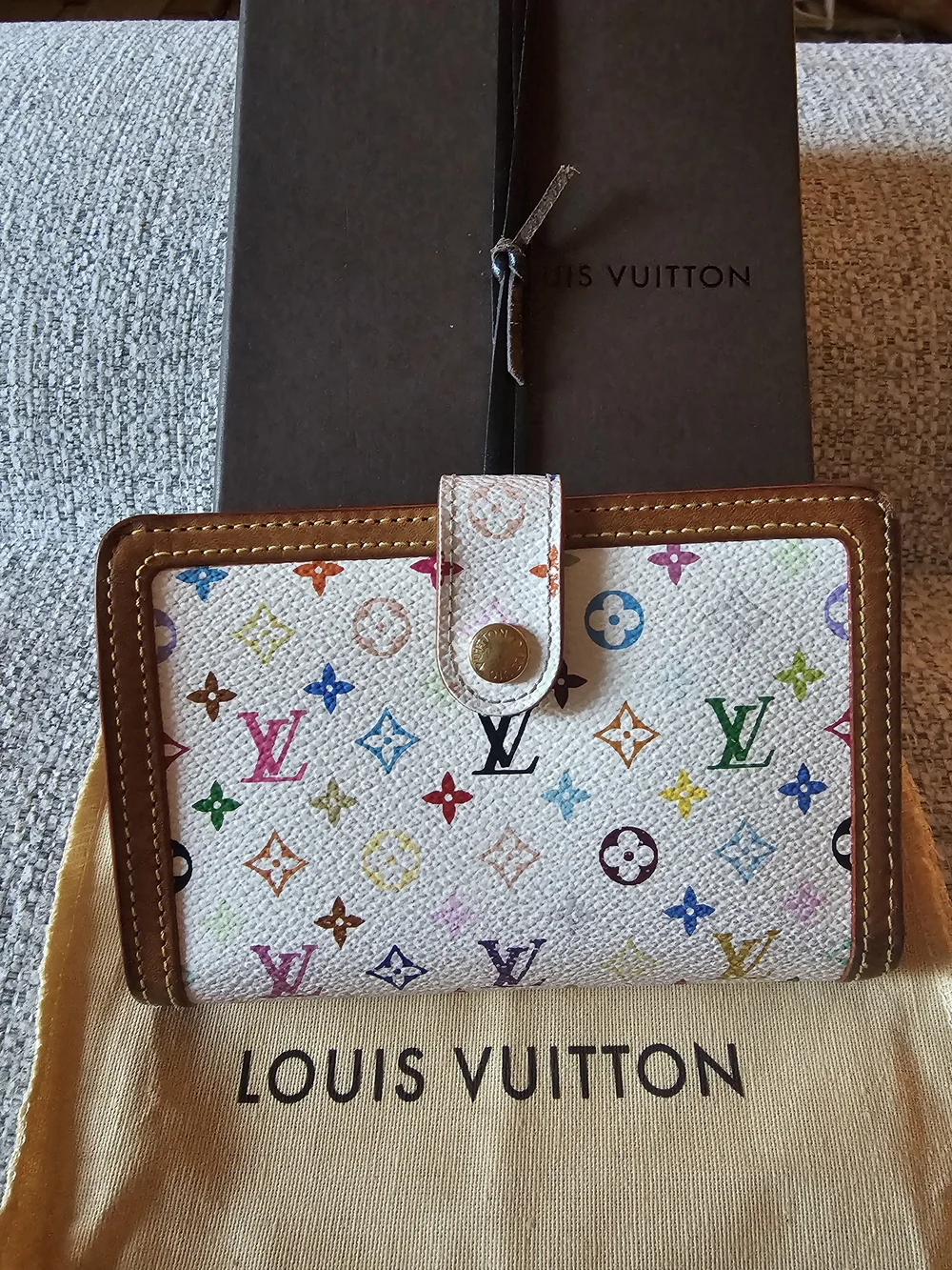 Louis Vuitton White Multicolor Monogram Compact Wallet with Brown Trim - Picture 1 of 9